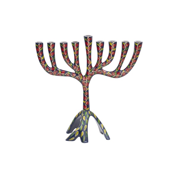 11507.jpg חנוכיה בינונית 23 ס"מ + ציור יד רימונים צבעוני – תמונה 1