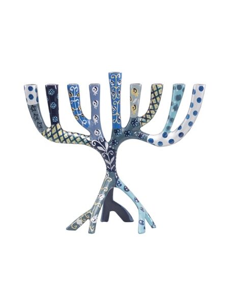 חנוכיה קטנה 20 ס"מ ציור יד -כחול פסים